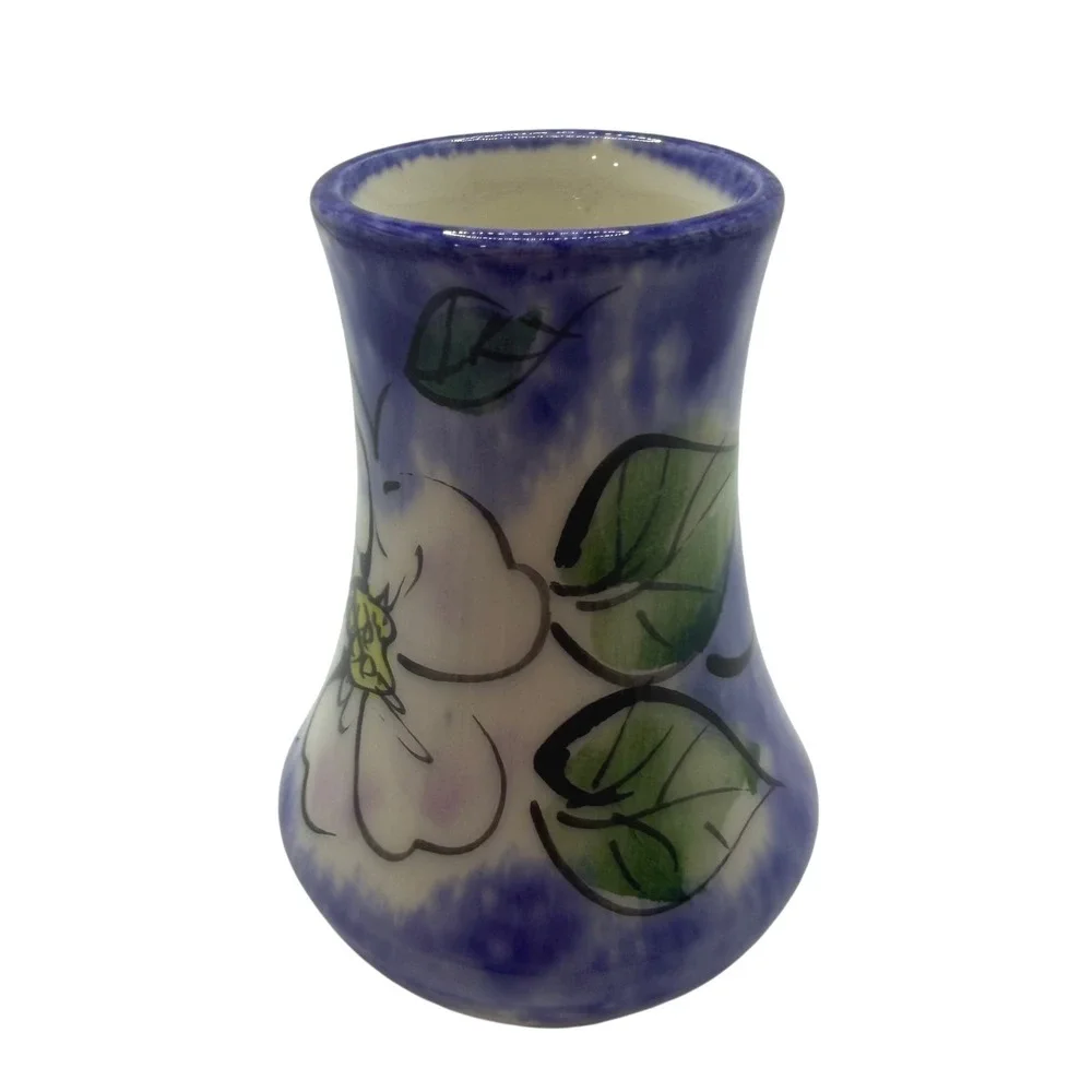 Bermuda Clayworks Hand Painted Floral Ceramic Bud Vase Blue White Signed Pottery
